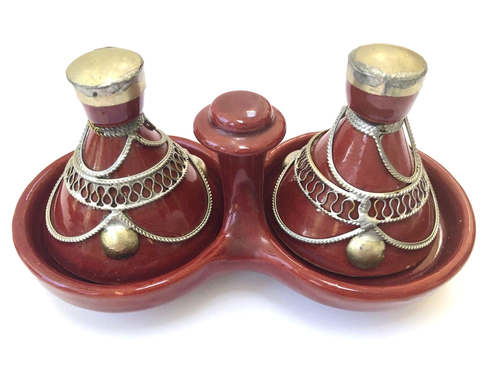 Moroccan Double Clay Glazed Tagine Spice Holder Red Decorated Metal Accent