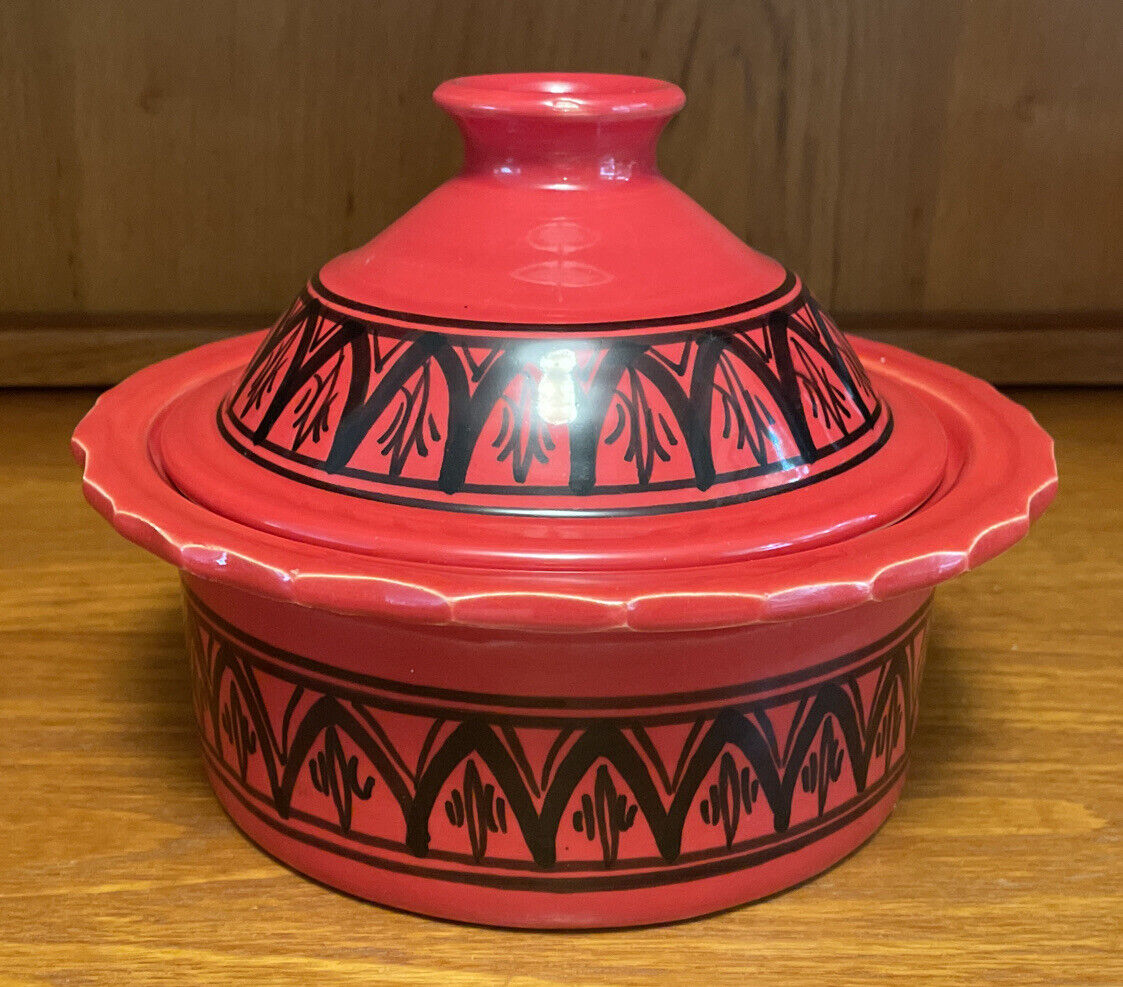 Bright Red & Black 8” Moroccan Style Cooking Tagine Clay Pot Casserole