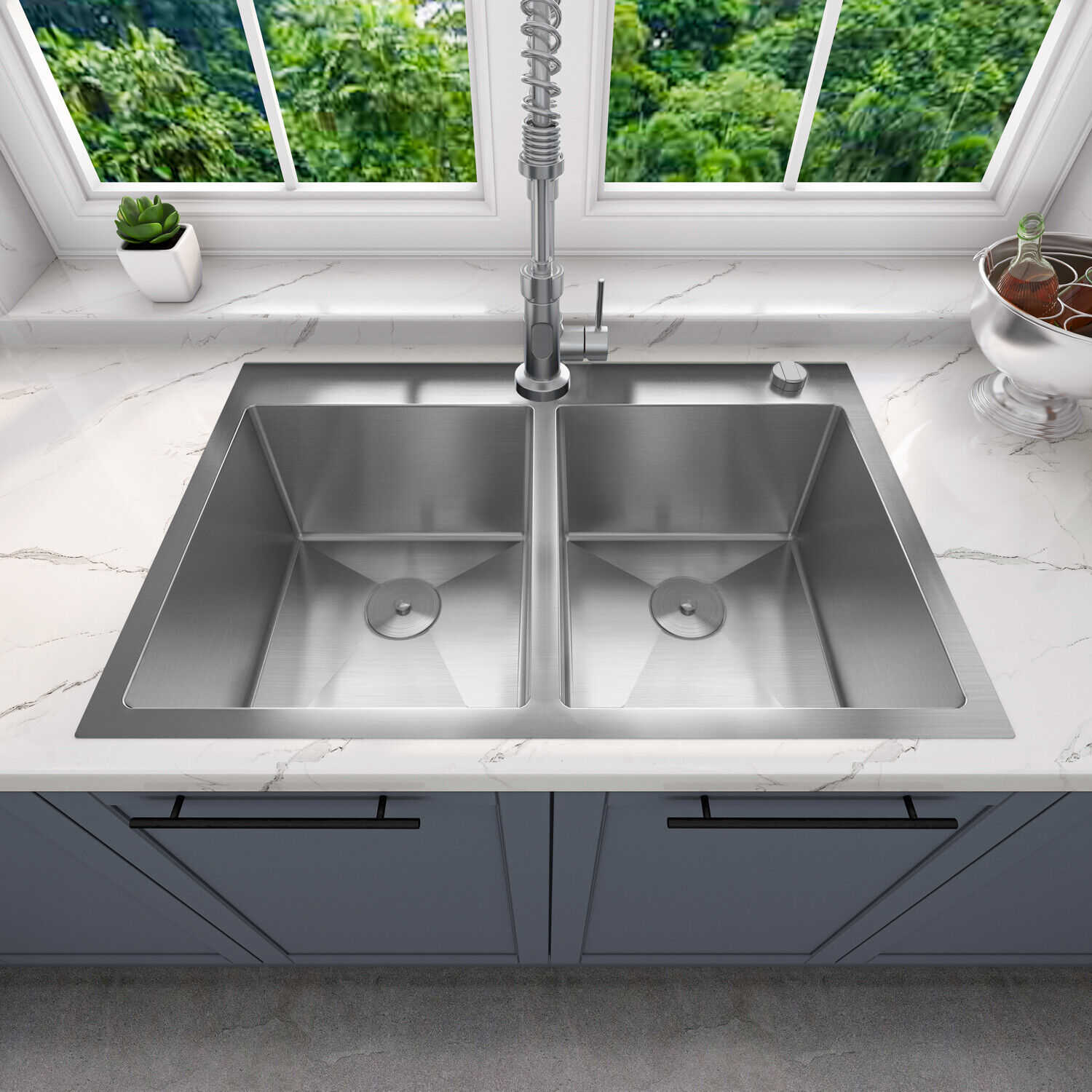 Sinber 33" Drop In Double Bowl 304 Stainless Steel Kitchen Sink