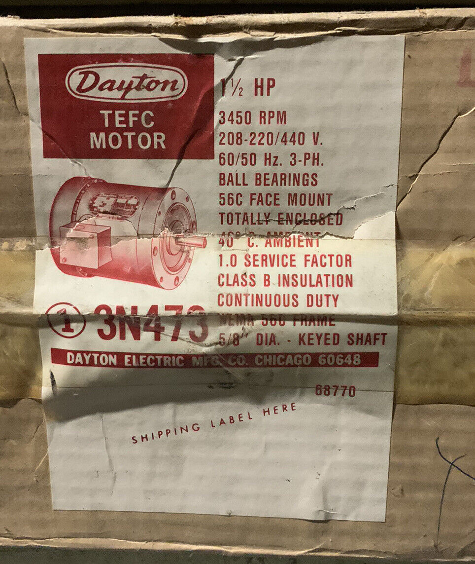 Dayton 3n473 Motor 1 1/2hp 3450rpm 208/220/440v 56c Face Mount 5/8" Shaft