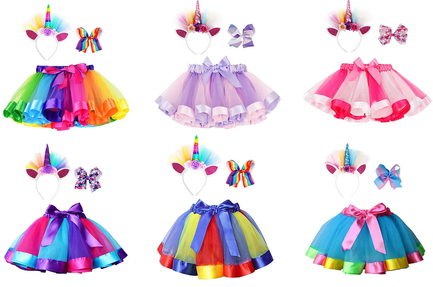 Girls Rainbow Layered Tulle Dress Up Tutu Skirt With Unicorn Headband & Hair Bow