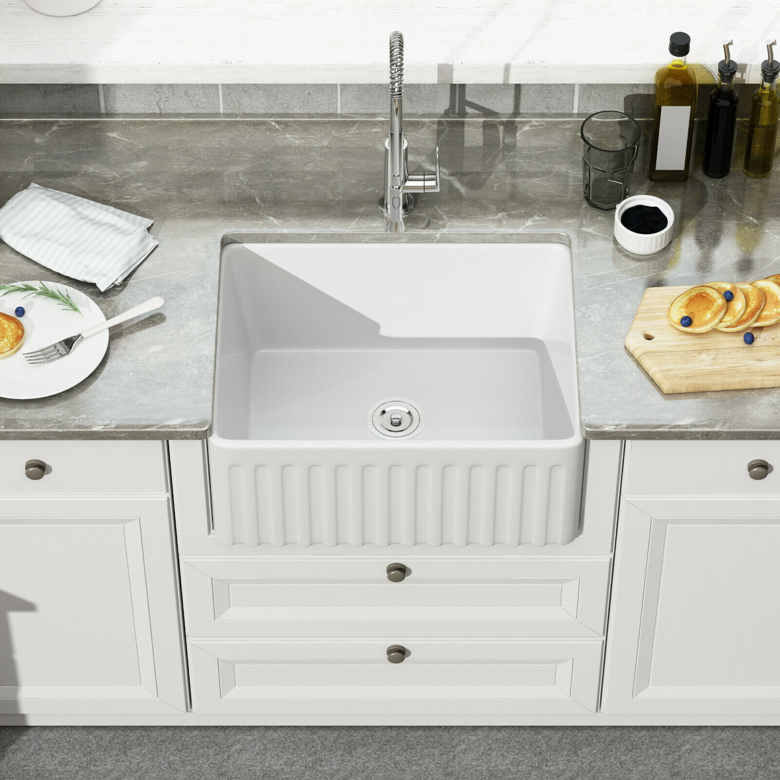 24 Inch White Porcelain Apron Farmhouse Kitchen Sink Single Bowl Ceramic Sink