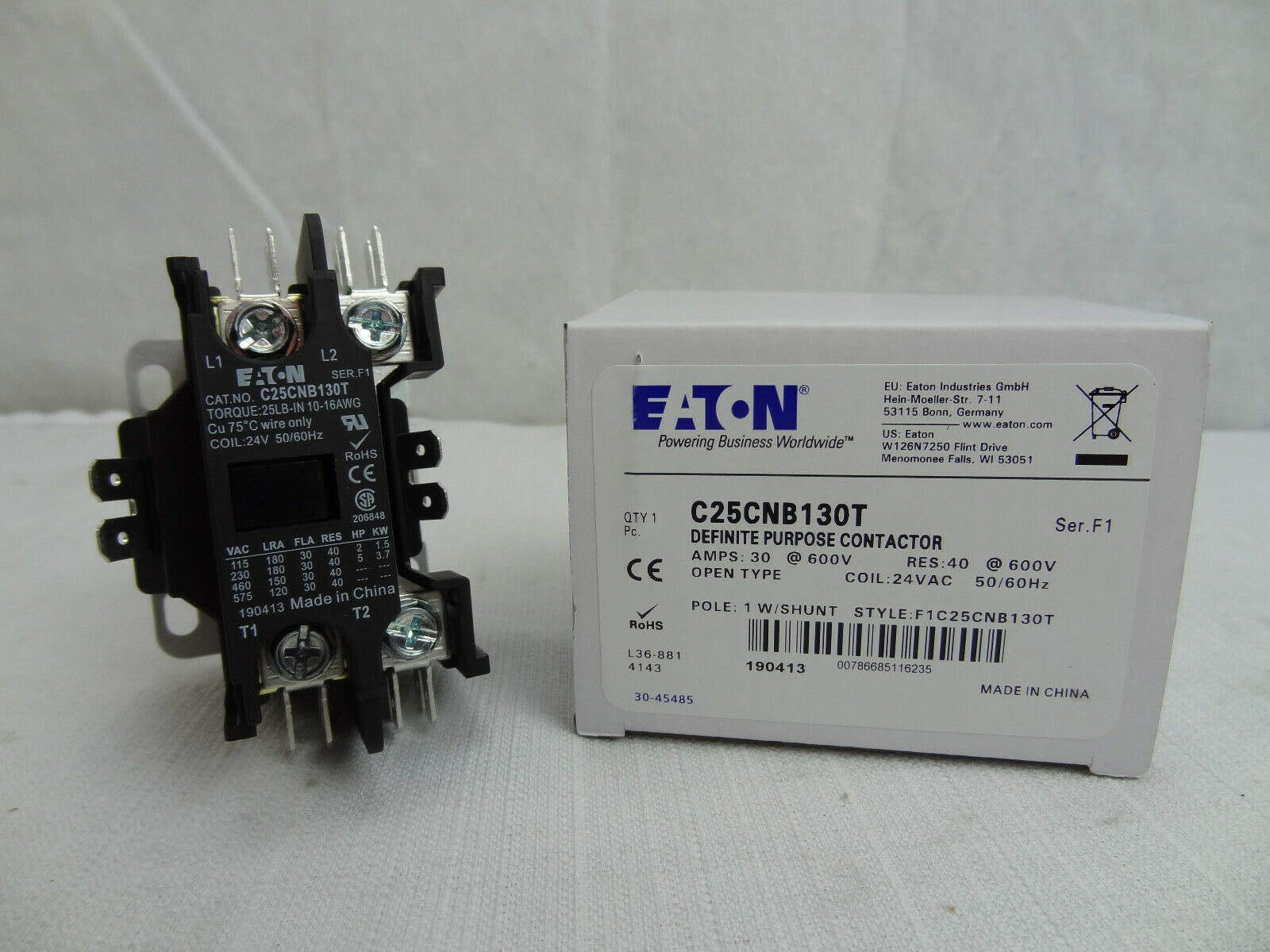 Eaton C25cnb130t  Definite Purpose Contactor 30 Amp, 1 Pole, 24v Coil Brand New