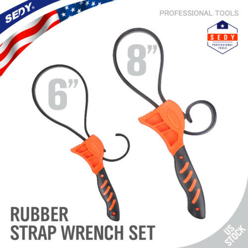 2 Pc Rubber Strap Wrench Adjustable Hand Held Lid Plumbing Tighten Or Loosen