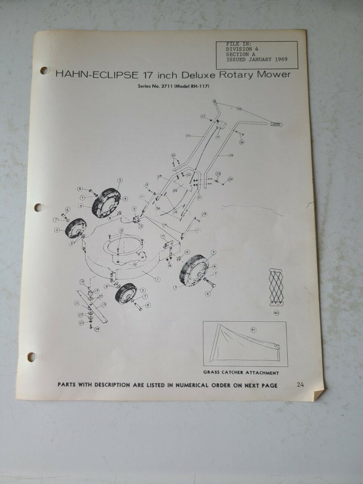 Hahn Eclipse 17" Illustrated Parts Sheet 1969 Rotary Mower Rh-117 Grade D