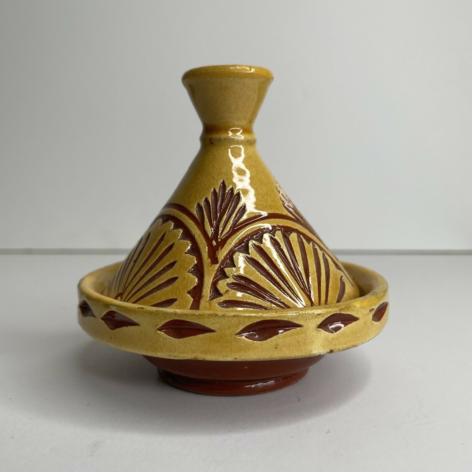 4” Tangine Moroccan Red Yellow Pottery Decorative Ceramic Hand Painted Vintage